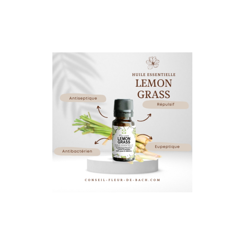FLORESSE - Huile essentielle de LEMON GRASS - 100% Pure, Naturelle, Intégrale.